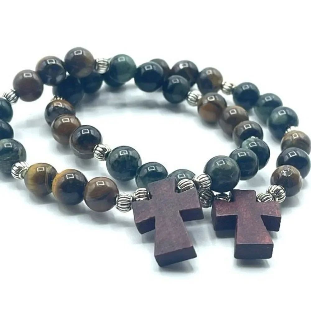 Cross Christian Kambaba tiger eye beaded stretch bracelet ONE NEW crystal Christ